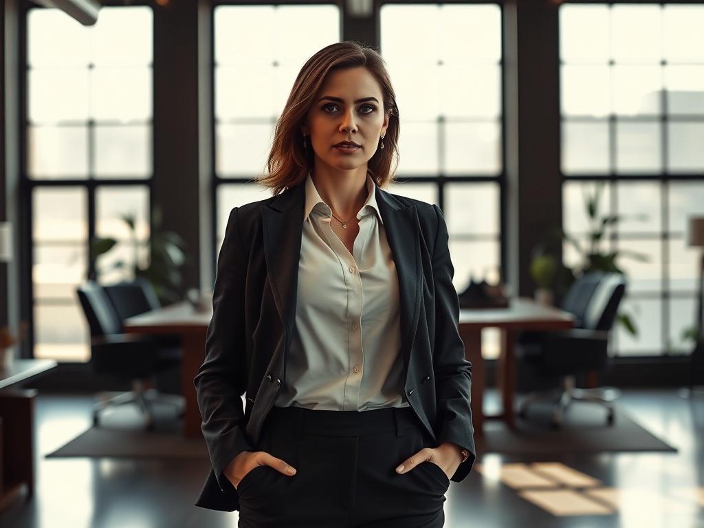 Create a high-resolution image of a confident woman in a business setting, standing tall with a determined expression. She is wearing professional attire, exuding empowerment and leadership. The background is a stylish office with a modern design, featuring a large window that lets in natural light. Use bold lighting to highlight her figure against the darker elements of the office. The image should have striking contrasts, incorporating deep shadows and bright highlights that complement the #C31755 color s