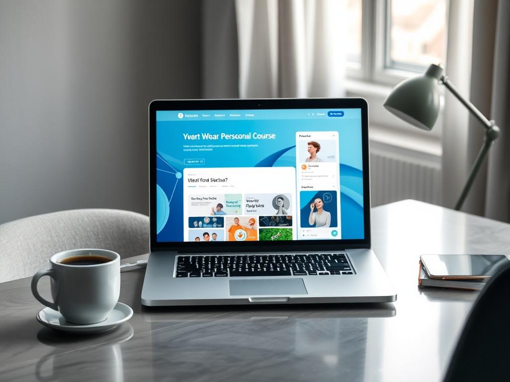 A realistic high-resolution photo of an open laptop on a stylish desk, displaying a vibrant digital course interface. The background features soft gray tones with hints of rich blues, creating a calming and inspiring workspace atmosphere. A cup of coffee sits beside the laptop, emphasizing a productive yet relaxed environment. The focus is on the laptop screen, showcasing engaging content related to personal growth.