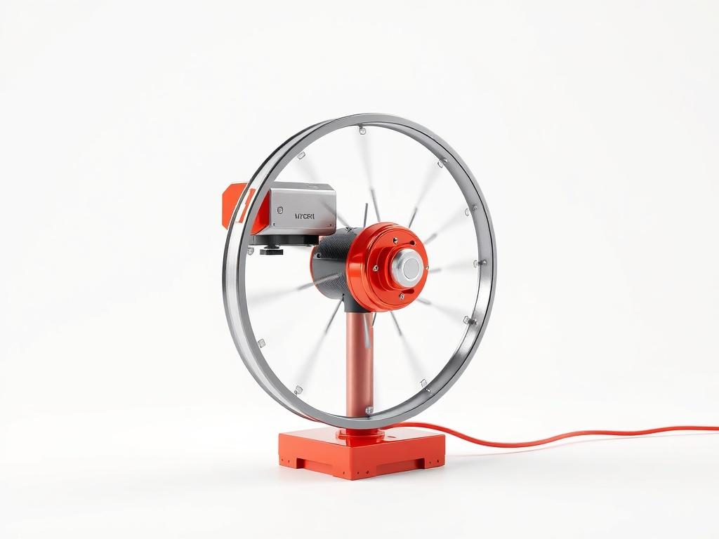 A photorealistic image of a spinning wheel with connected generator