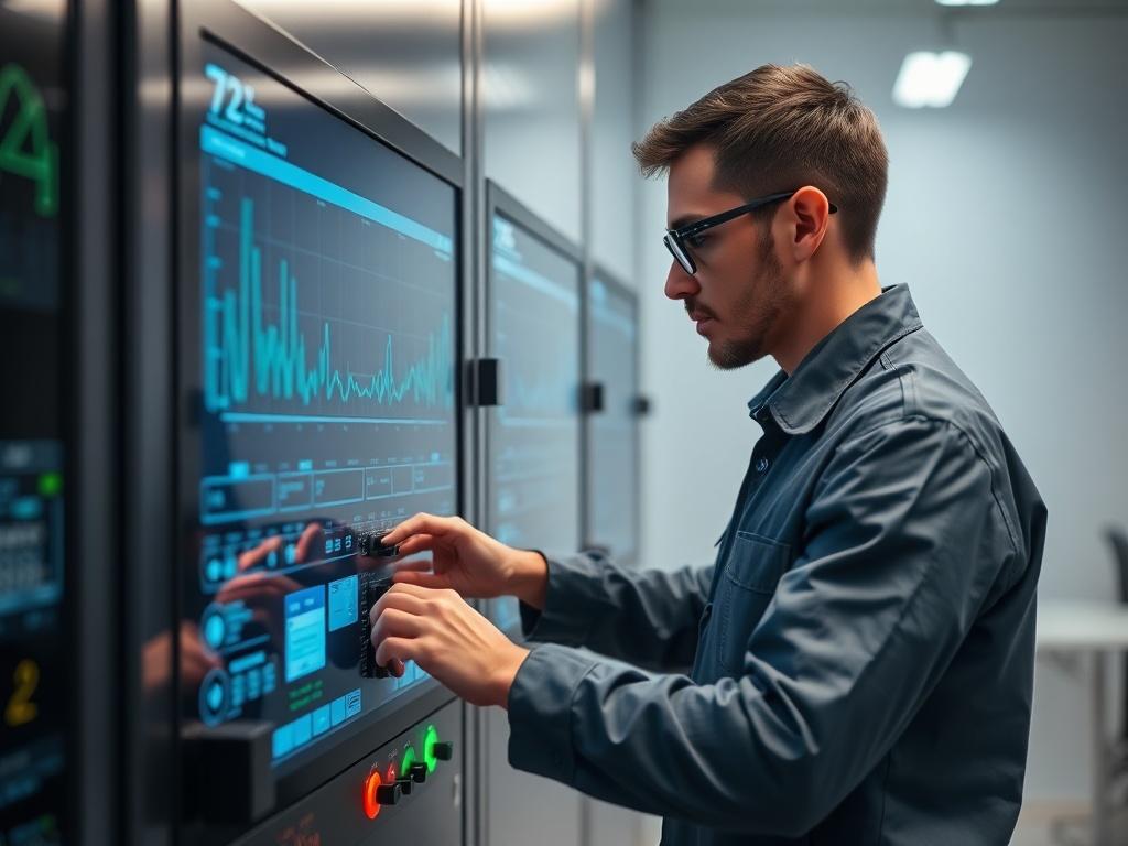An image depicting a technician analyzing data and adjusting settings