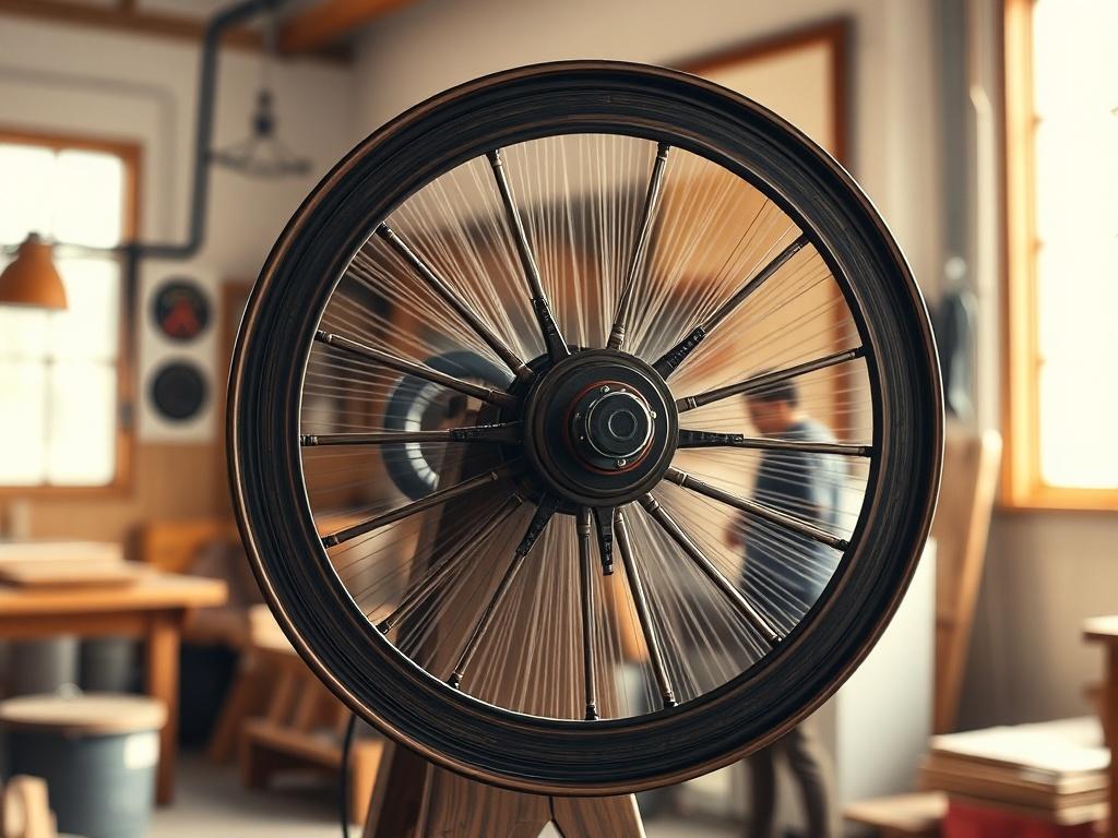 A close up view of a spinning wheel in a