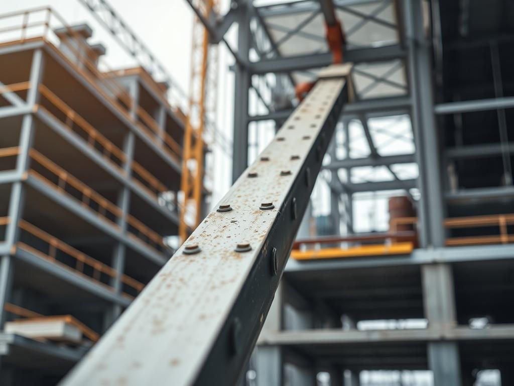 A hyper-realistic close-up shot of a modern construction site showcasing steel structures and architectural designs. The image should feature a single steel beam in focus, with background elements of construction tools and partially constructed buildings. The lighting should highlight the textures of the steel and surrounding materials, creating a professional and dynamic atmosphere. The composition should be simple and clear, emphasizing the craftsmanship involved in construction.