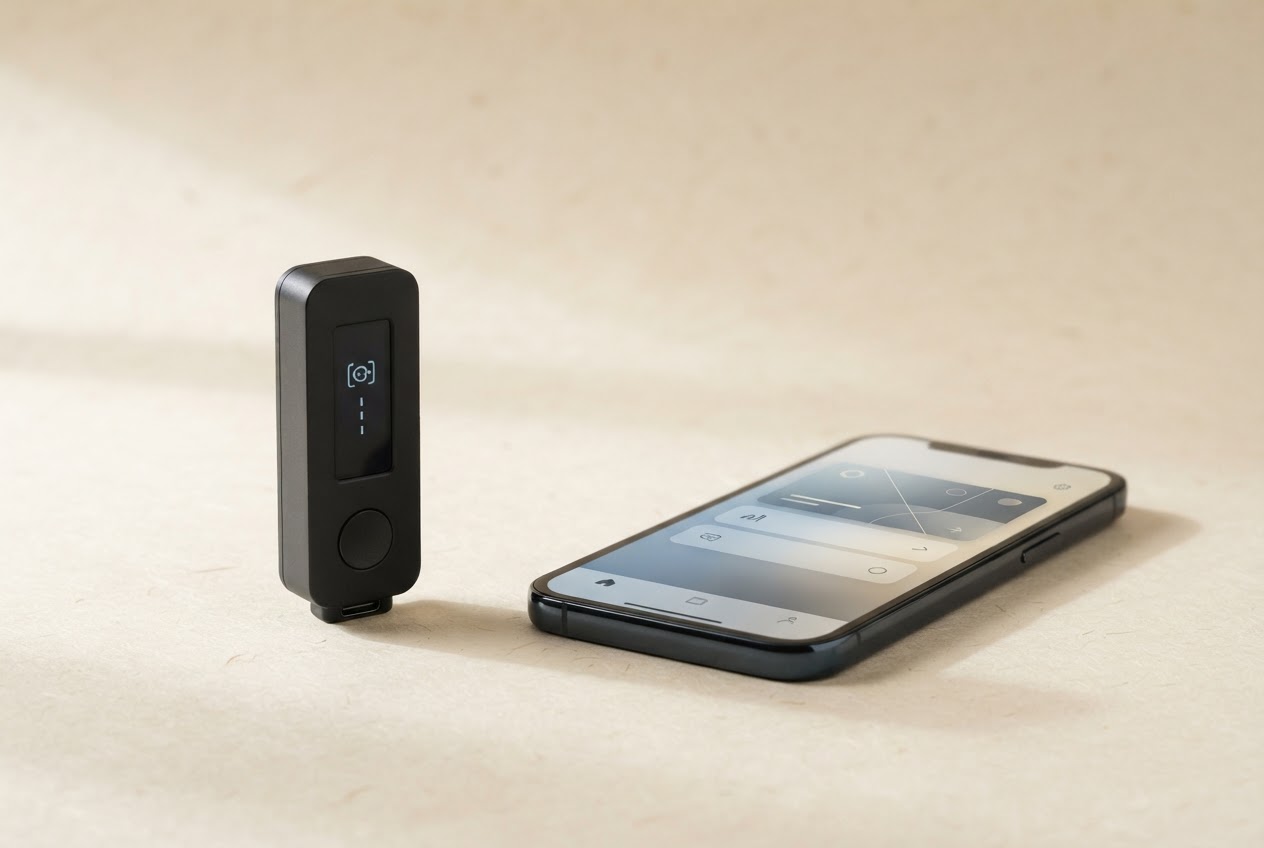 Illustration of a hardware wallet beside a smartphone
