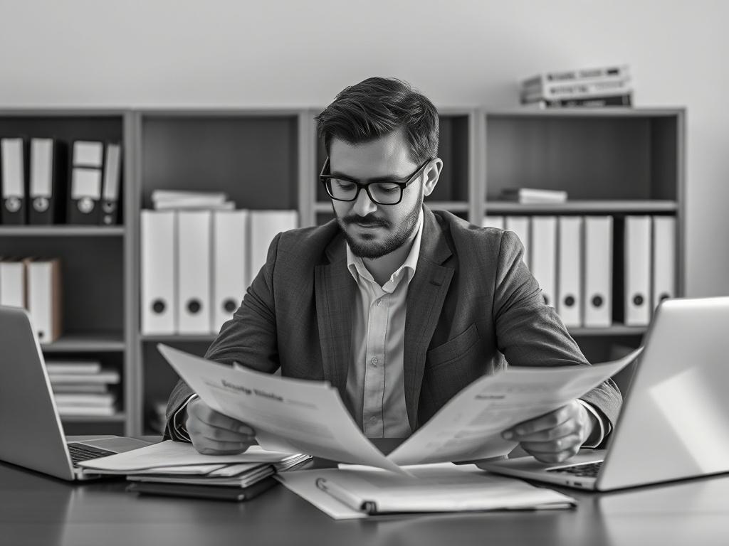 A realistic high-resolution photo of a professional accountant sitting at a desk, reviewing financial documents with a focused expression. The background shows a well-organized workspace with accounting books and a laptop. The image should be in black and white, with a clean and simple composition that emphasizes the accountant as the main subject.