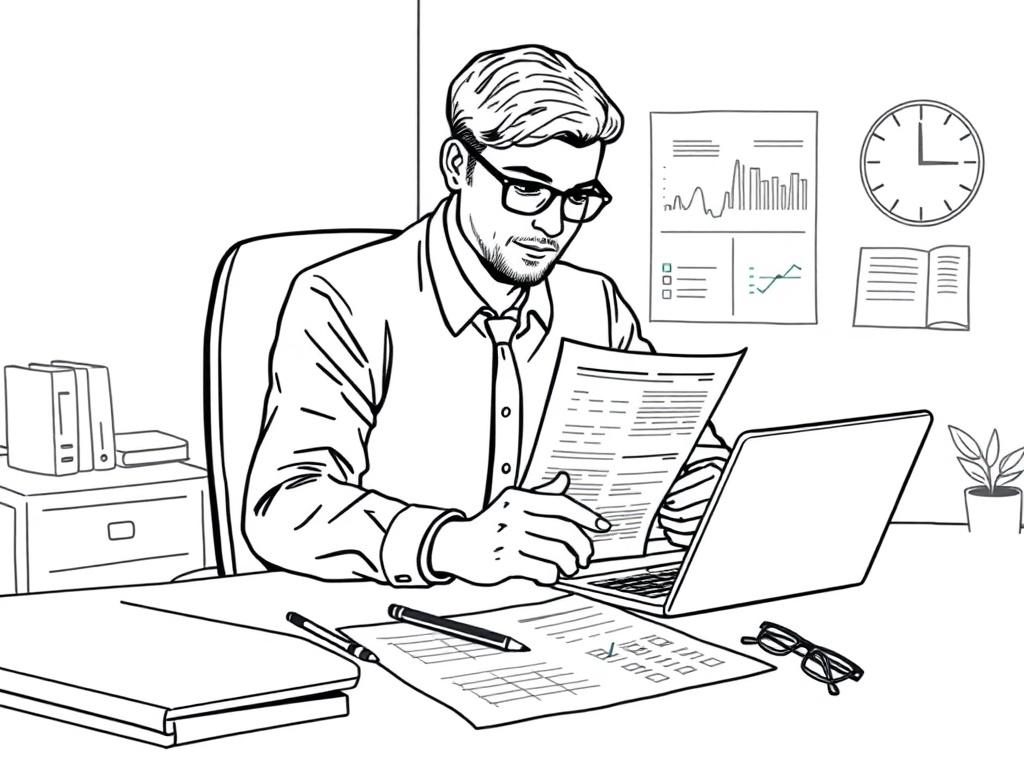 Create a high-quality illustration depicting a professional auditor conducting controls testing in an office setting. The auditor should be focused on reviewing documents and data on a laptop, surrounded by charts and compliance checklists. The background should be simple and uncluttered, showcasing a clean and organized workspace. The illustration should be rendered in crisp, solid black line drawing style, compatible with the #FF6E4E primary color.