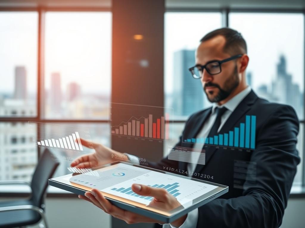 A close-up shot of a business professional analyzing data on a futuristic tablet, surrounded by graphs and charts that represent market intelligence and growth strategies. The setting is a sleek, modern office with a blurred city skyline in the background, showcasing a blend of technology and professionalism. The image should convey an atmosphere of innovation and strategic thinking, with a focus on the individual engaging thoughtfully with the data.