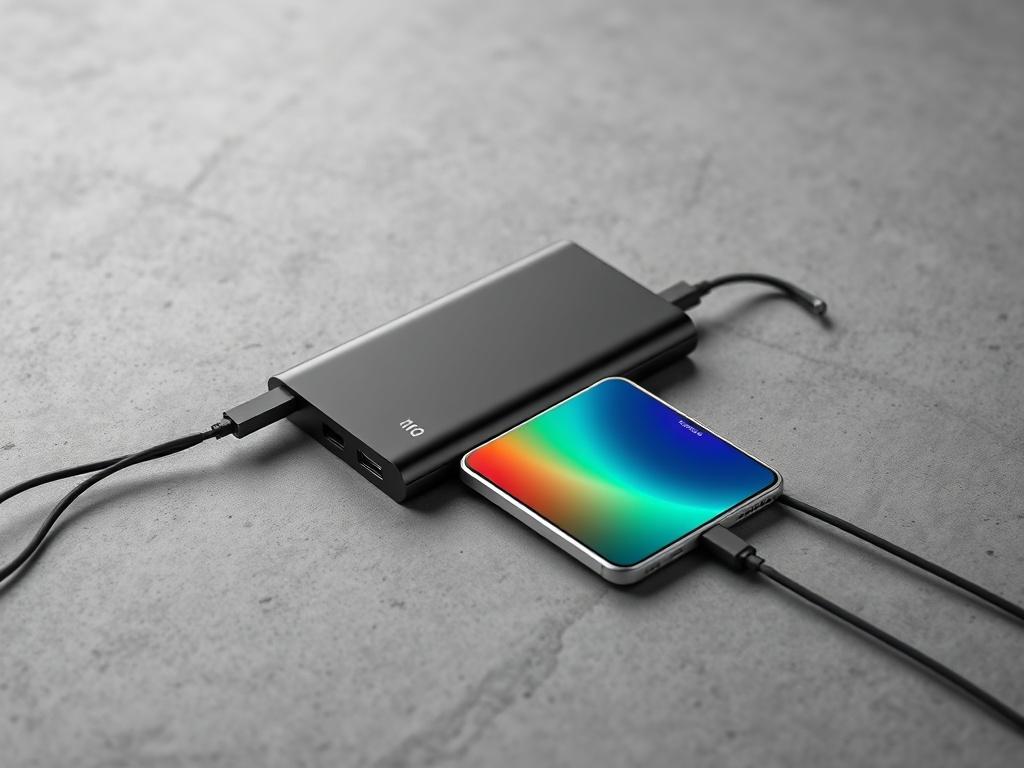 A sleek, compact Portable Power Bank lying on a textured