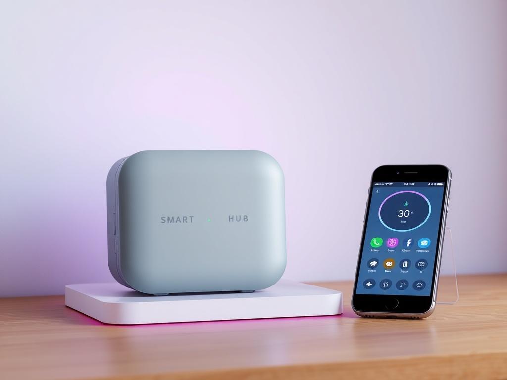 A sleek Smart Home Hub device with a minimalistic design,
