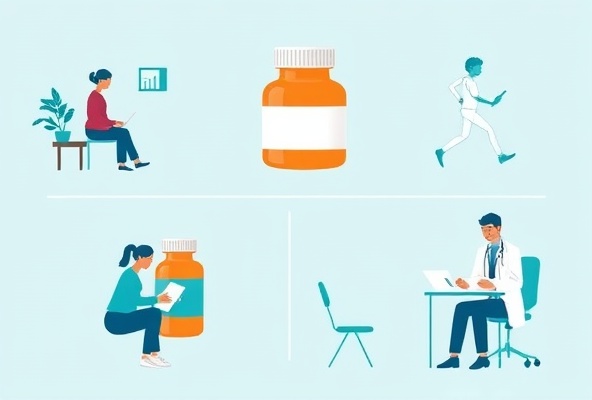 Illustration of ADHD treatment approaches: therapy, medication, exercise, and consultation