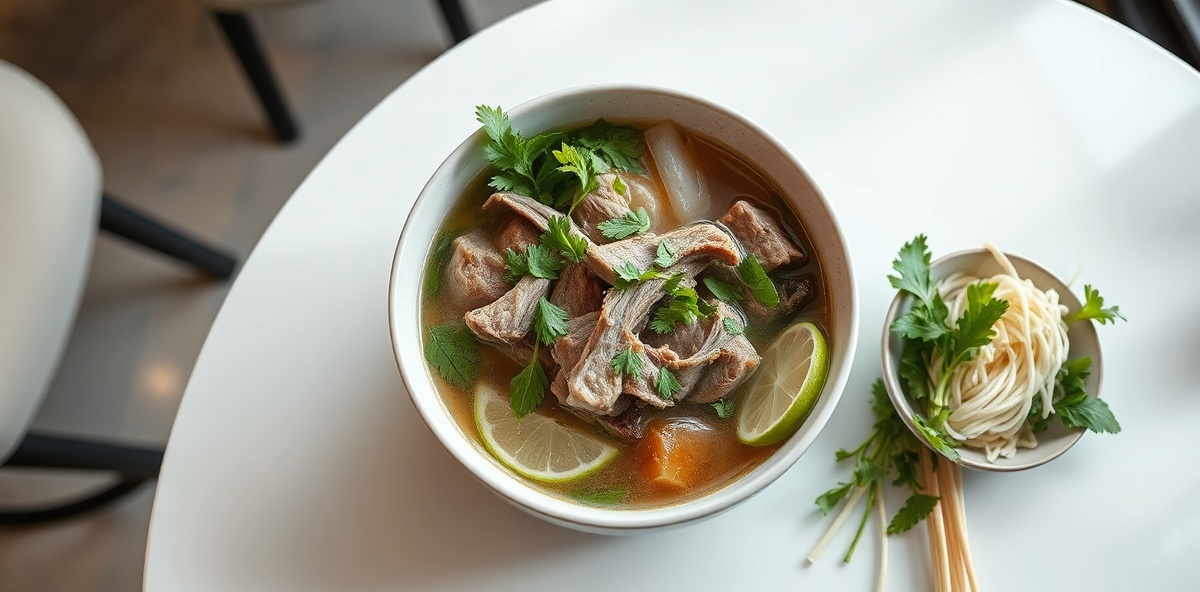 Signature Vietnamese pho with fresh herbs and premium plating