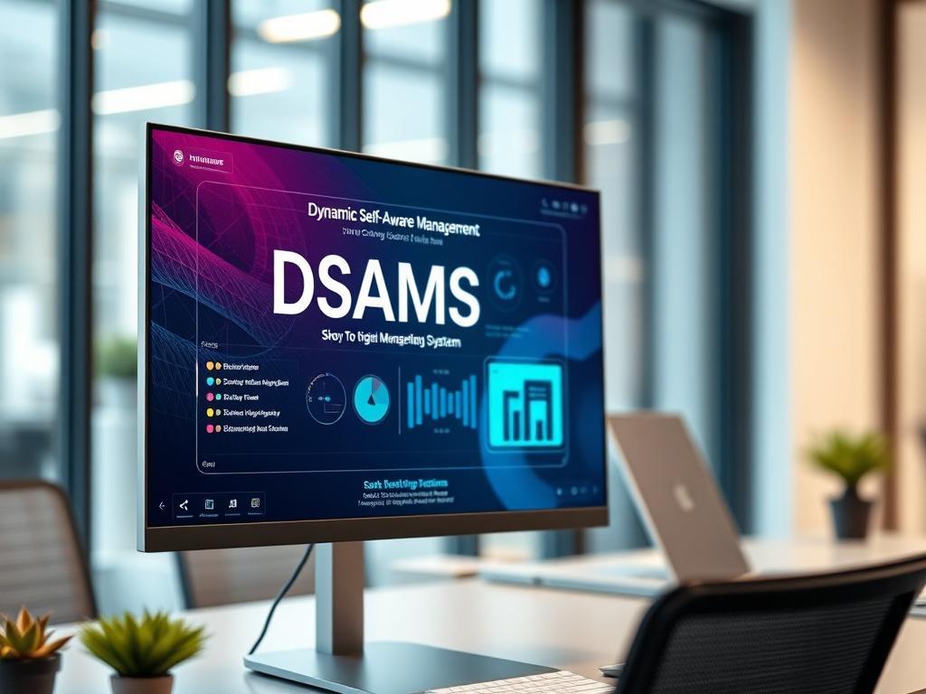 A hyper-realistic close-up shot of a digital interface displaying the Dynamic Self-Aware Management System (DSAMS) on a sleek, modern computer screen. The background should be a blurred office setting, emphasizing a high-tech workspace. Use vibrant colors that complement the primary color rgb(2, 86, 197) to highlight the innovative nature of the product.