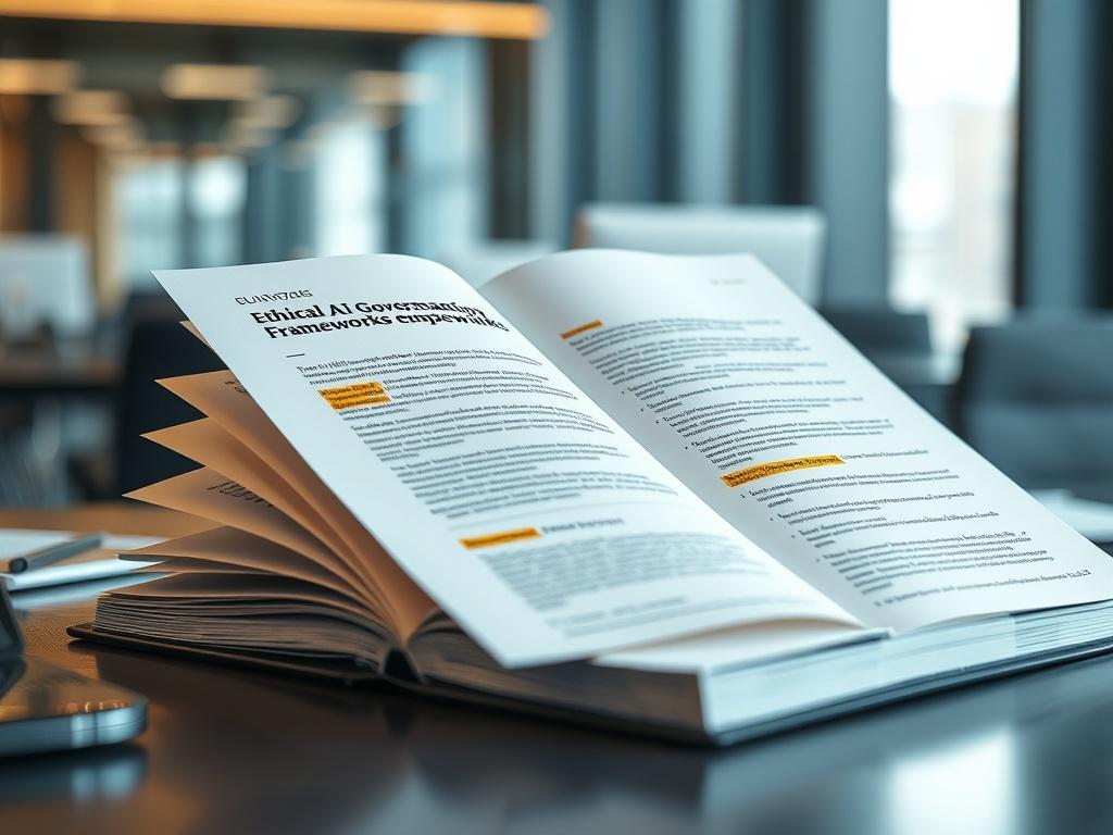 A hyper-realistic close-up shot of the Ethical AI Governance Frameworks Guide opened on a desk, with highlighted sections visible. The setting should be a modern office, with a blurred background that suggests a professional environment. Use lighting that accentuates the colors in the guide, harmonizing with rgb(2, 86, 197).