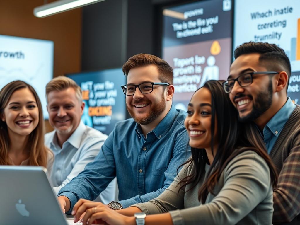 A close-up shot of a diverse group of professionals engaged in a collaborative training session, showcasing an interactive environment with modern technology. The background features digital screens displaying growth metrics and inspirational quotes. The lighting is bright and inviting, emphasizing the focus on teamwork and learning. The composition is clear and centered on the group, capturing their expressions of enthusiasm and engagement.