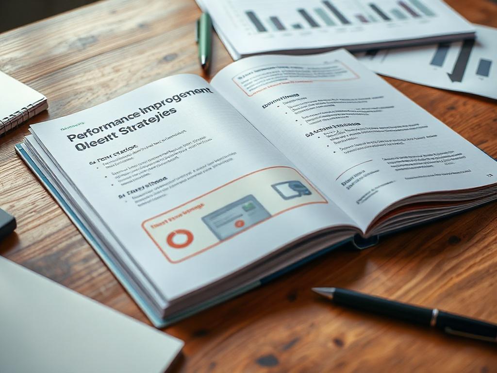 A hyper-realistic close-up shot of the Performance Improvement Playbook, opened to a page featuring actionable strategies. The playbook should be placed on a wooden table, surrounded by notes and a pen, capturing a sense of inspiration and focus.