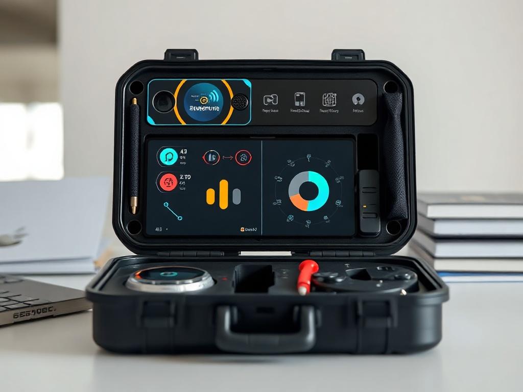 A hyper-realistic close-up shot of the AI-Powered Training Toolkit, showcasing interactive modules and AI features. The toolkit should be placed on a clean, minimalistic desk background, emphasizing its modern design. The focus should be sharp on the toolkit, with soft lighting to highlight the details.