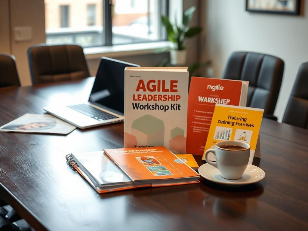 A hyper-realistic close-up shot of the Agile Leadership Workshop Kit, featuring vibrant training materials and interactive exercises. The kit should be arranged on a stylish conference table with a laptop and a cup of coffee, creating an inviting atmosphere for learning.