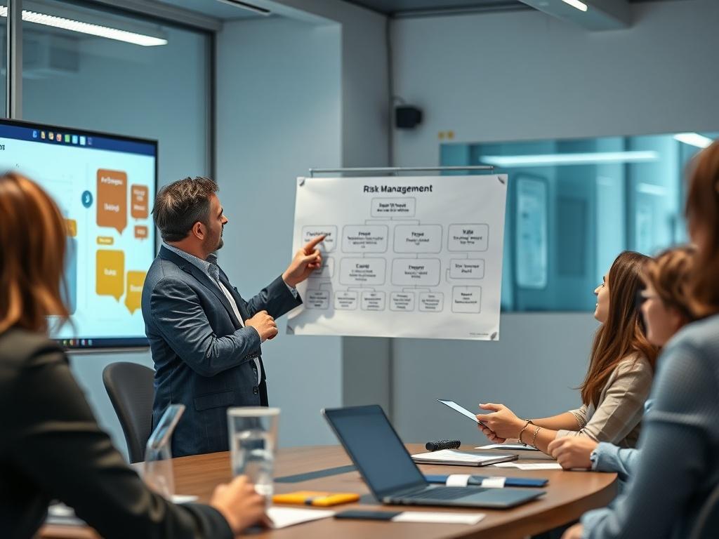 A close-up shot of a facilitator presenting a risk management diagram to a group of engaged participants during a training session. The background should show a modern training room with visual aids. The focus should be on the interaction between the facilitator and attendees, capturing the essence of collaboration and learning about risk management in ISO 9001.