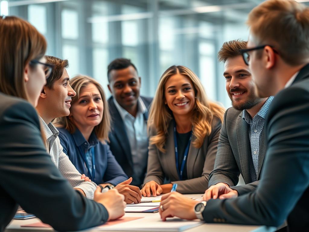 A close-up shot of a diverse group of professionals in a training session, engaged in an interactive discussion about leadership in quality management. The setting is bright and modern, with a focus on collaboration and learning. The image should capture the dynamics of teamwork, showcasing a blend of individuals representing different backgrounds and expertise, reflecting the essence of leadership in an ISO 9001 context.