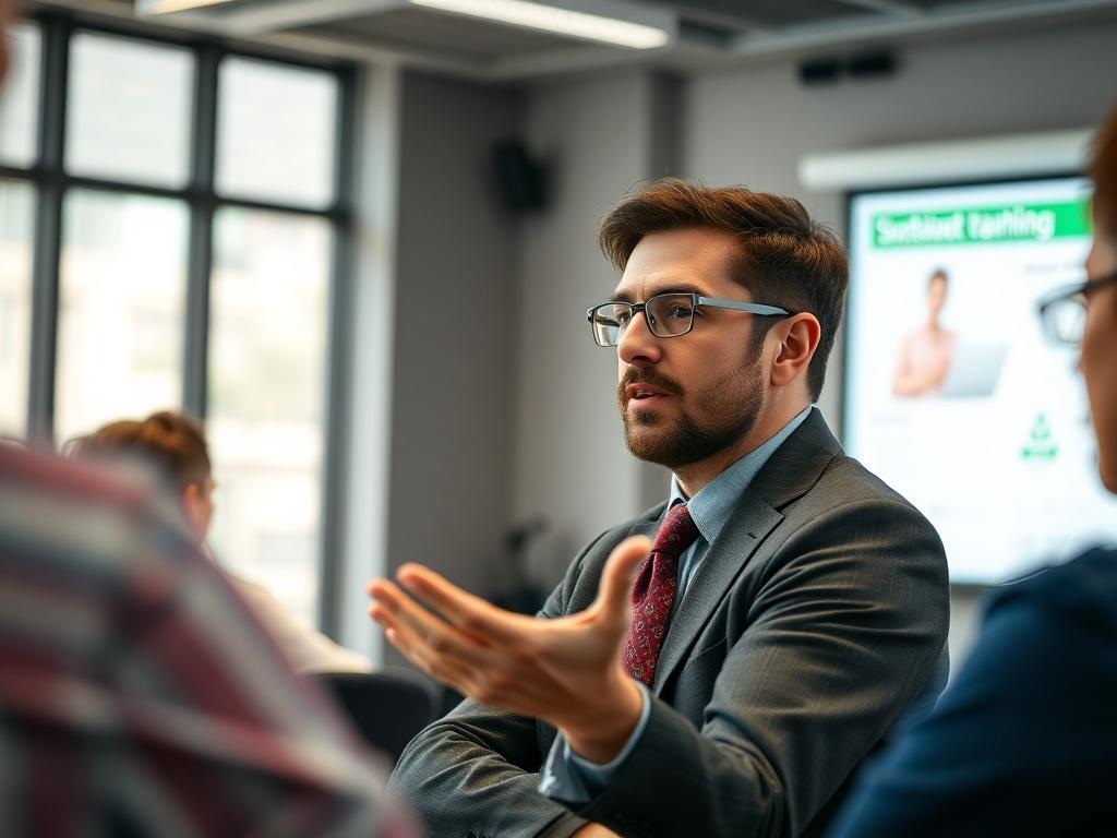 A close-up shot of a professional discussing sustainability strategies with a digital presentation in the background during a workshop. The setting should reflect a state-of-the-art training environment, emphasizing technology and sustainability. The focus should be on the engagement between the speaker and the audience, highlighting the importance of innovation in quality management.
