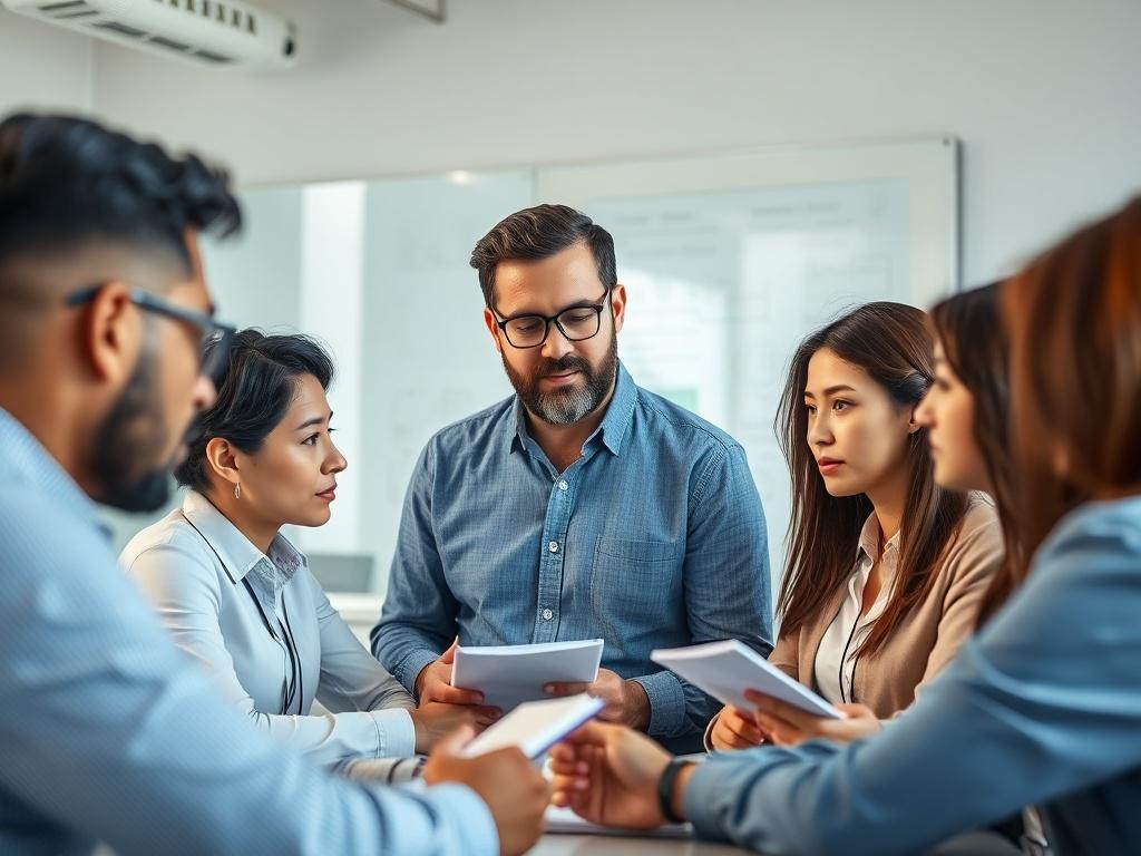 A focused group of professionals in an interactive training session,