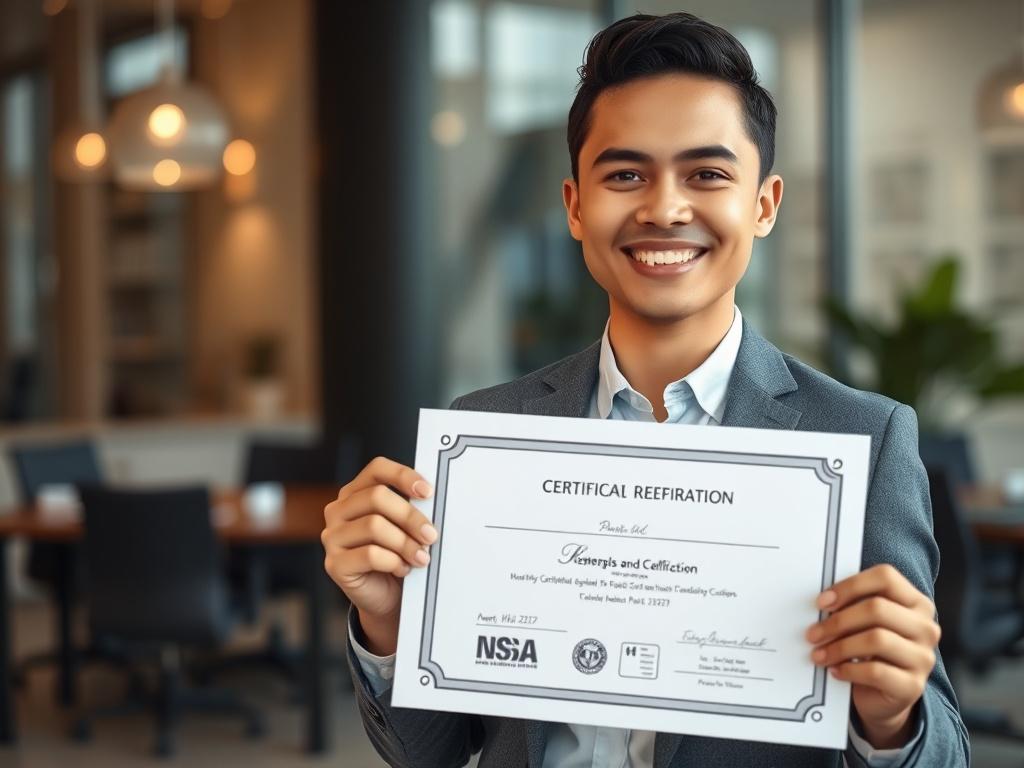 A proud professional holding a certification certificate in a modern