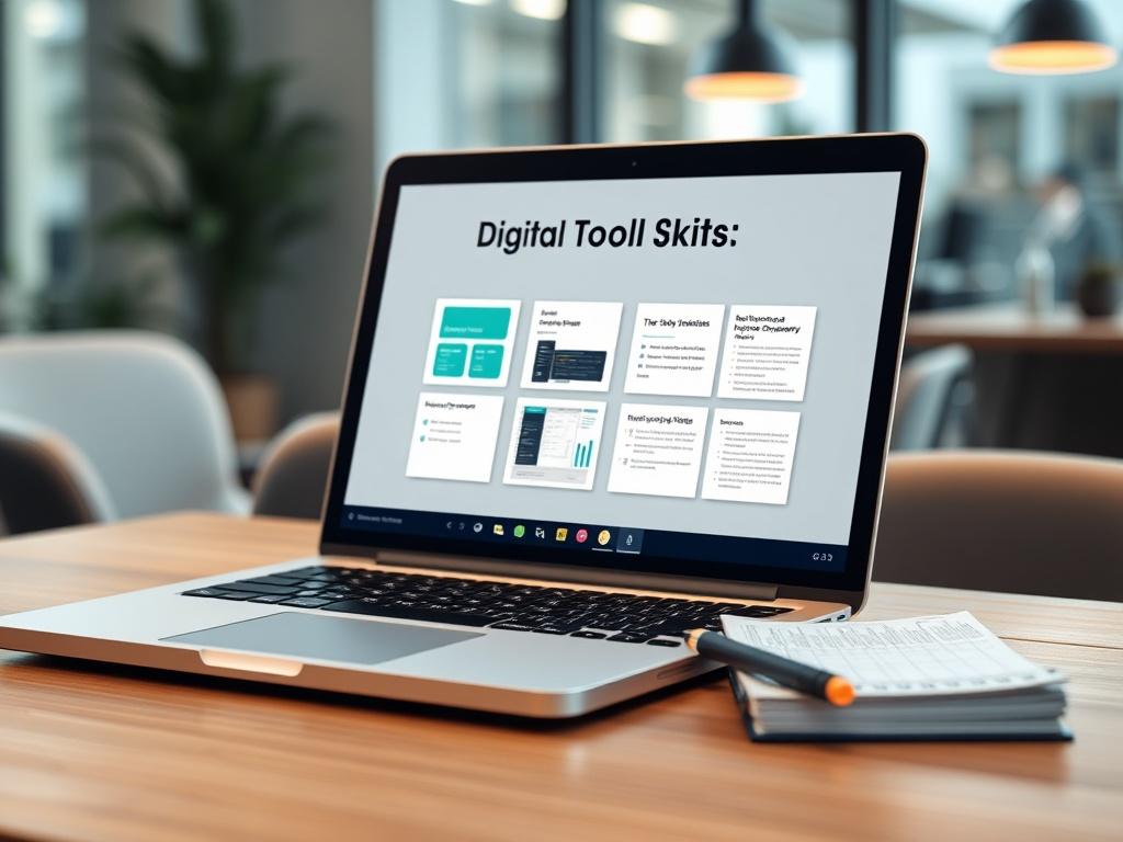 A sleek laptop displaying digital toolkits on the screen, showcasing
