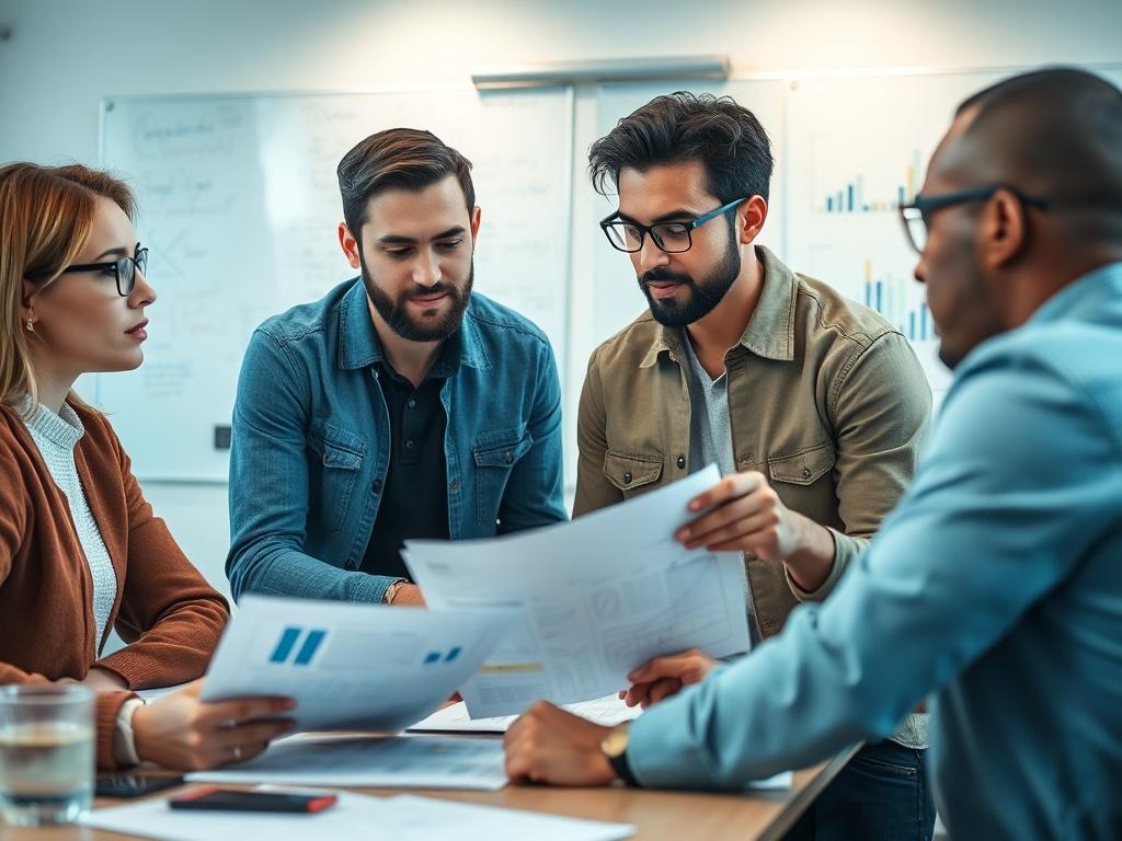 A focused group of young professionals gathered around a table,