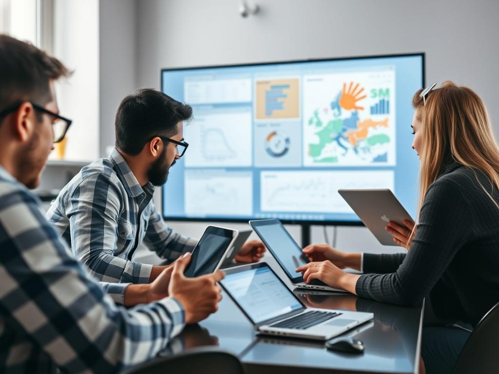 A close up of a team enthusiastically working on laptops