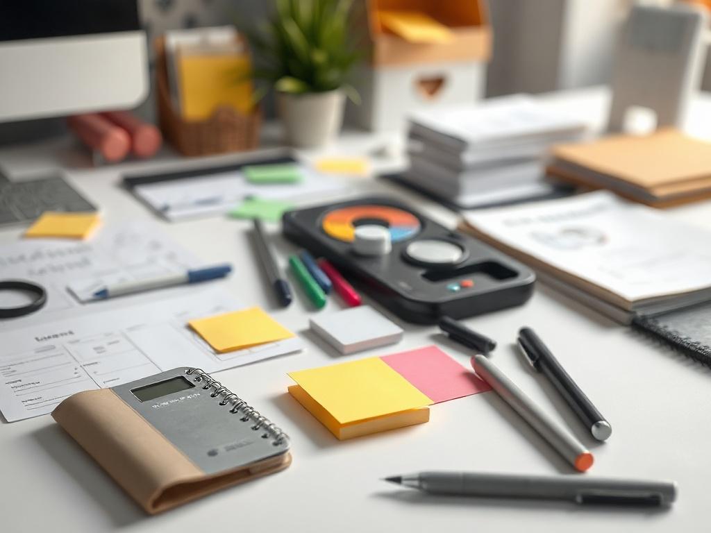 A high-resolution image of a neatly arranged toolkit with various collaboration tools like sticky notes, pens, and templates laid out on a desk. The setting is bright and organized, emphasizing clarity and collaboration. The background should be softly blurred to keep the focus on the toolkit.