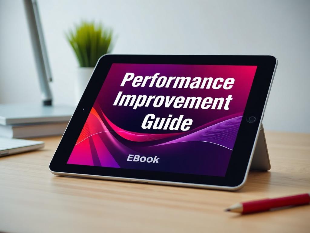 A visually appealing image of an eBook titled 'Performance Improvement Guide' displayed on a tablet, set against a clean desk background. The tablet should be the focal point, showcasing the vibrant cover design of the eBook, while the surrounding area remains uncluttered to convey focus on the content.