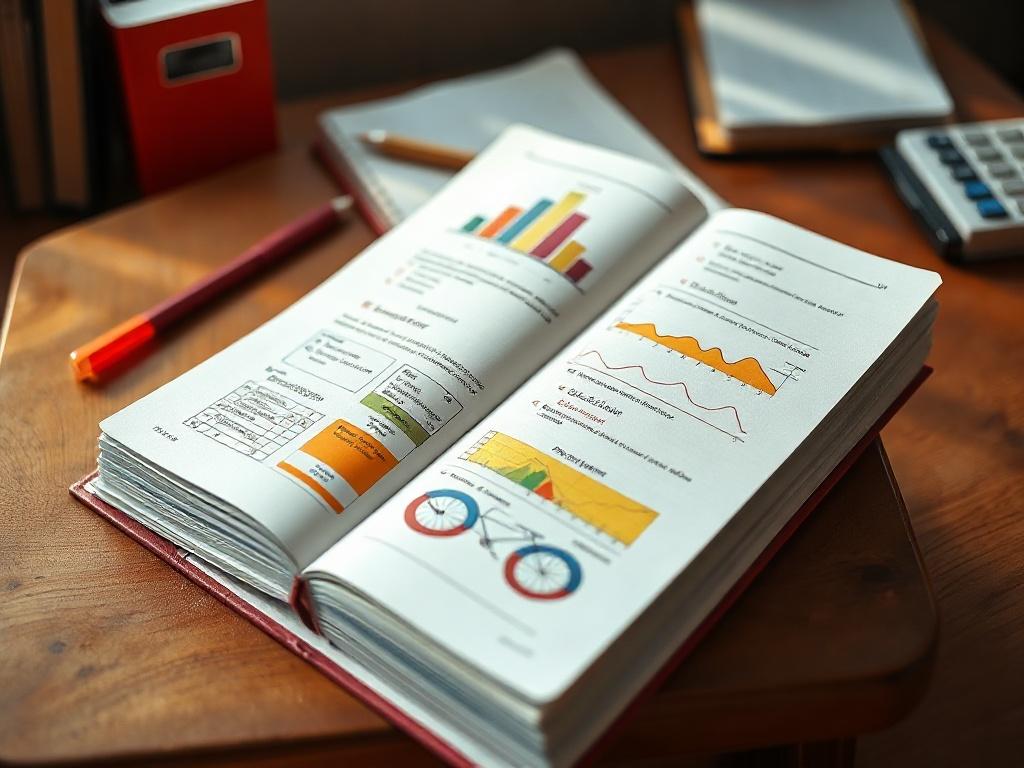 A close-up shot of an open workbook on a wooden desk, featuring colorful pages with diagrams and exercises. The background is softly blurred, highlighting the focus on the workbook. The composition should evoke a sense of productivity and learning, utilizing natural lighting to create an inviting atmosphere.