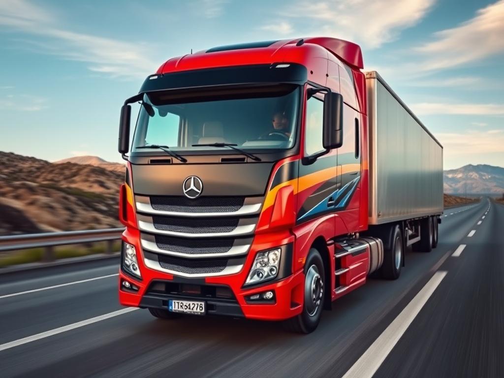 A high-resolution photo of a modern, well-maintained truck on the road, showcasing its sleek design and vibrant colors. The truck should be positioned against a backdrop of a clear blue sky and a scenic highway, emphasizing the journey ahead. The image should capture the essence of reliability and efficiency in transportation, with natural tones and earthy textures in the surroundings.