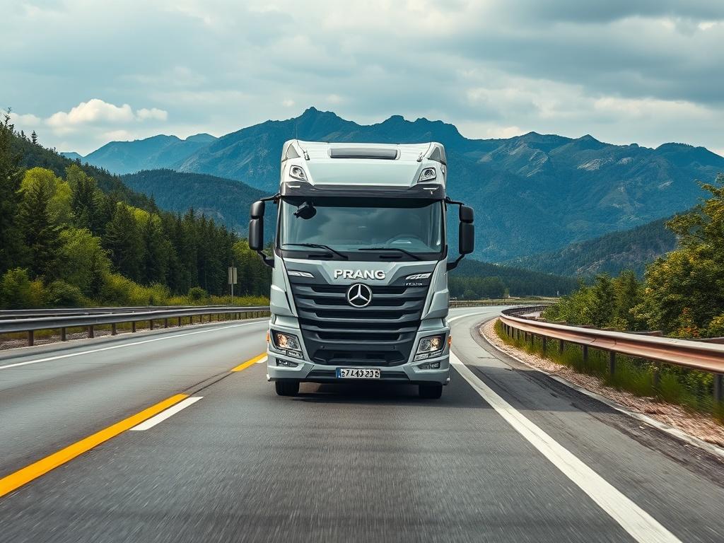 A professional truck driving on a highway surrounded by lush greenery and mountains in the background. The truck should be prominently displayed, showcasing its clean and modern design. The scene should evoke a sense of reliability and efficiency, with natural tones and earthy textures to create a grounded aesthetic.