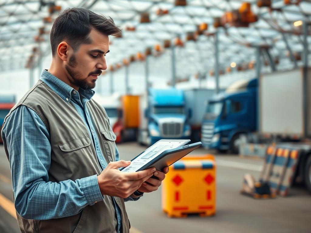 A high-resolution image of a logistics manager reviewing shipment plans on a digital tablet in front of a bustling trucking terminal. The background includes trucks being loaded and unloaded, showcasing the dynamic nature of logistics management.