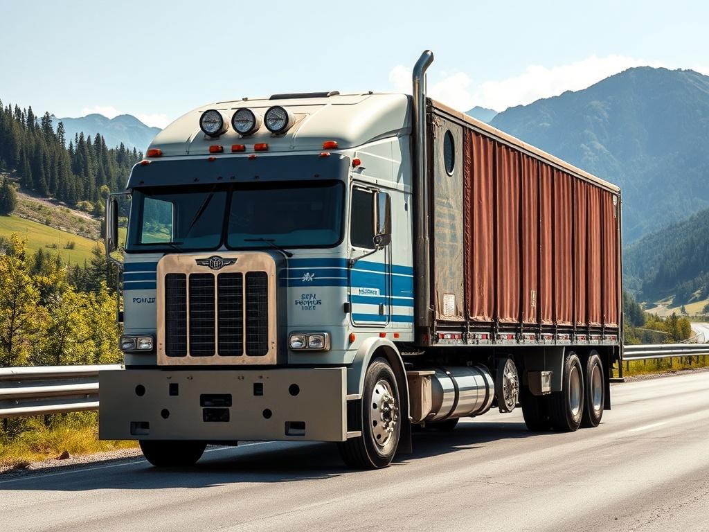 A high-resolution image of a large freight truck parked on a scenic highway, surrounded by lush greenery and mountains in the background. The truck should be the focus, showcasing its robust build and branding. Natural light enhances the earthy textures of the surroundings, creating a grounded, rustic aesthetic.