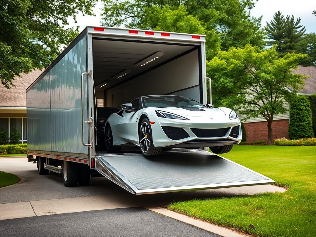 A realistic high-resolution image of an enclosed transport truck unloading a luxury car at a residential driveway. The setting features a clean and green environment, with trees and grass in the background, highlighting the truck's capability and professionalism.