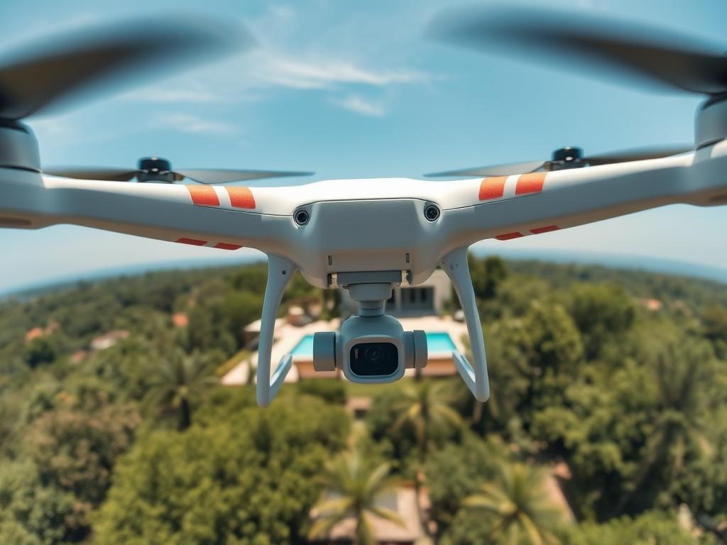 A stunning high-resolution photo of a drone capturing a scenic view of a beautiful property surrounded by lush greenery and a clear blue sky. The composition should highlight the property’s unique features, such as a swimming pool or garden, creating an eye-catching perspective, shot with a 45mm f/1.2 lens style. The background should remain uncluttered, focusing solely on the property and its surroundings.
