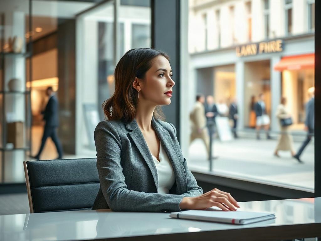 Create a highly detailed, realistic high-resolution photograph that captures a single subject: a female industrial director in a sophisticated office environment. The director is depicted seated at a sleek, modern desk, exuding a thoughtful and contemplative expression as she gazes out of a large window. The background should feature a blurred view of a bustling luxury fashion district, with elegant storefronts and pedestrians, hinting at the vibrant industry she is part of.

The subject should be dressed i