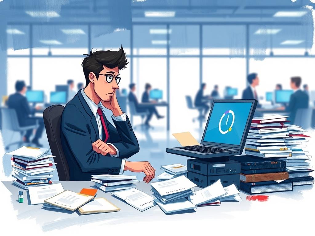 **AI Image Generation Prompt:**

Create a high-quality illustration centered around the theme of "Overworked Teams Are the Slowest." The composition should feature a solitary figure, a professional in business attire, sitting at a cluttered desk filled with stacks of paperwork and a laptop showing a spinning loading icon, symbolizing the burden of overwhelming tasks. The figure should have an expression of frustration, highlighting the mental strain of being overloaded with work. 

The background should dep
