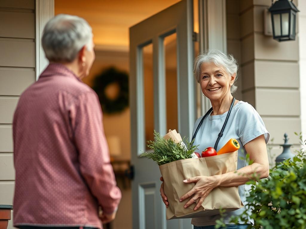 A peaceful scene showing a caregiver delivering groceries to a