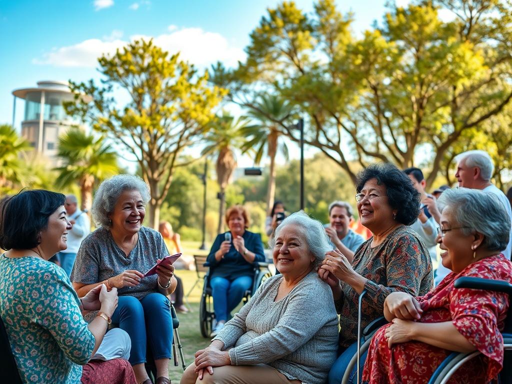 A vibrant scene showing a group of people with disabilities