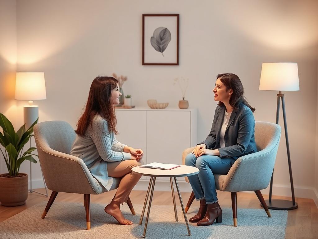 A warm and inviting consultation room with soft lighting, featuring