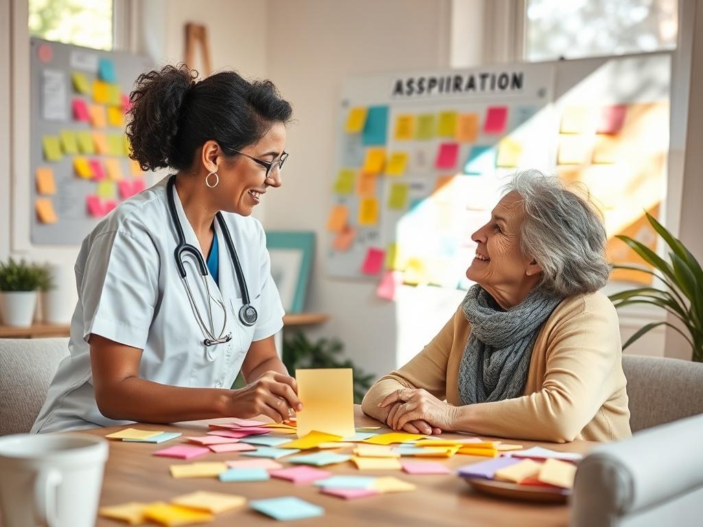 A cheerful scene depicting a caregiver and client brainstorming aspirations