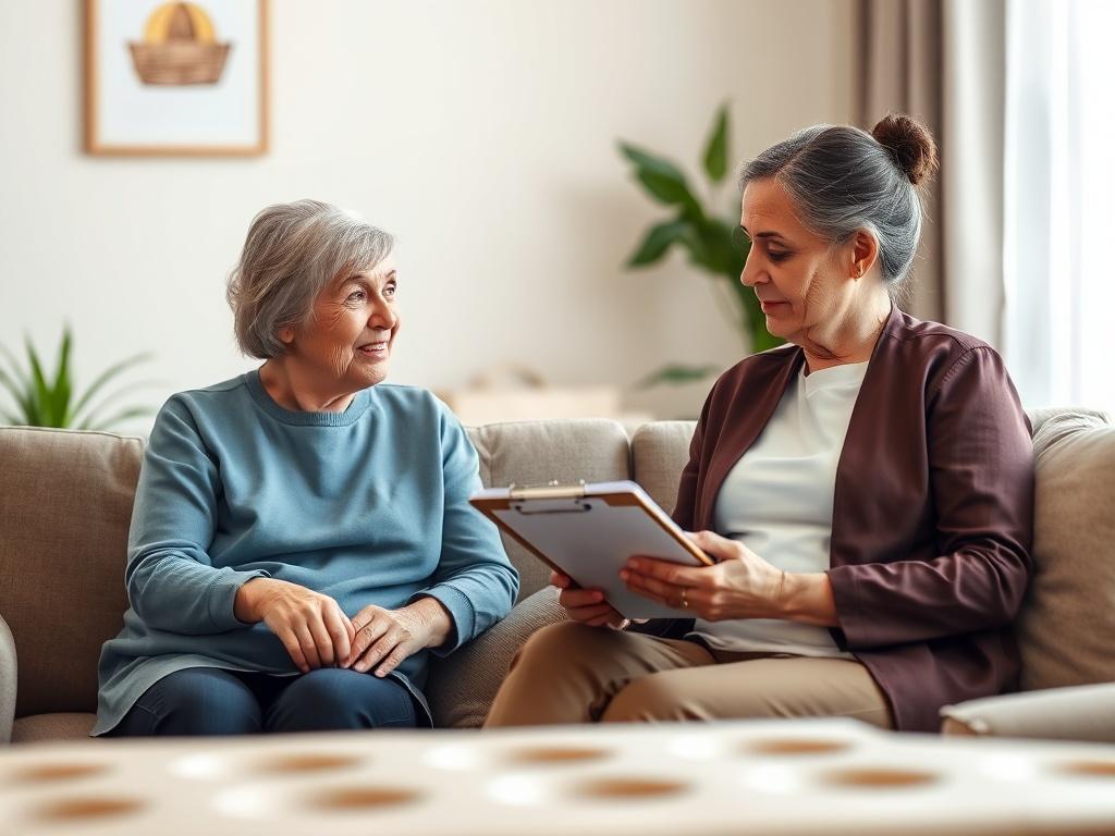 A professional caregiver is sitting with a client, reviewing a