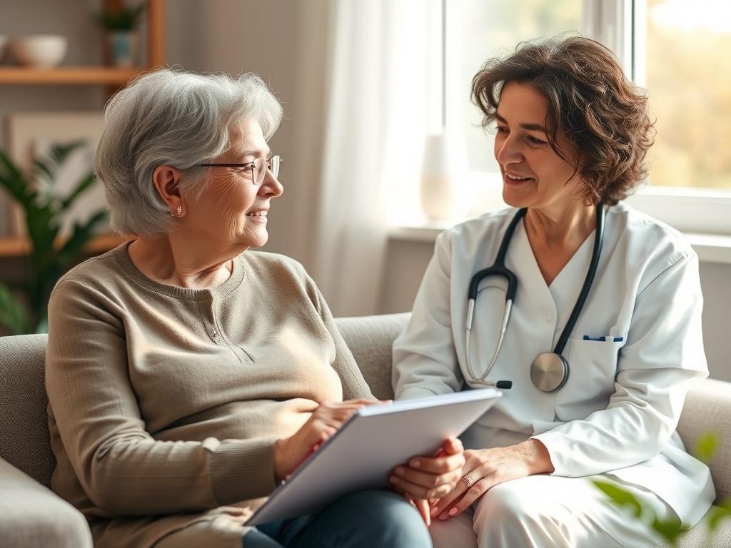 An empathetic caregiver is sitting beside a client, who is