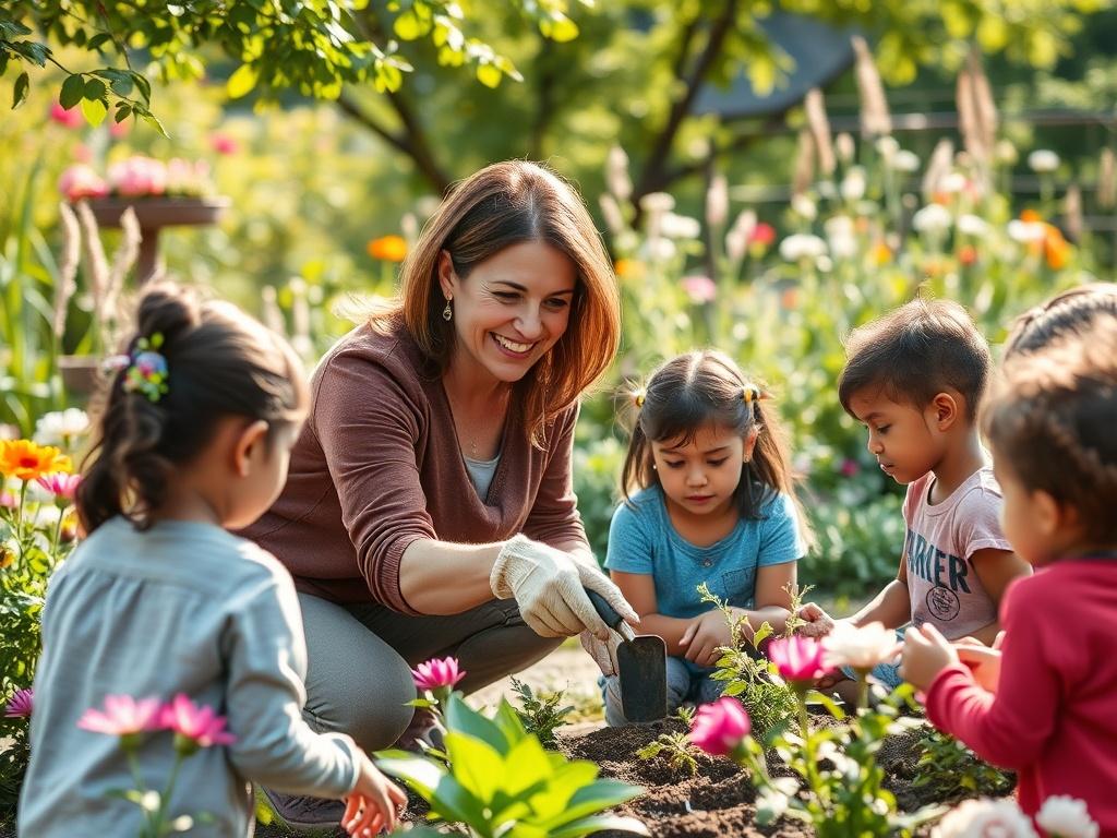 Create a realistic high-resolution photo depicting a single, engaged volunteer in action at a community event. The subject is a middle-aged woman with a warm smile, actively interacting with a diverse group of children as they plant flowers together in a community garden. She should be wearing casual, comfortable clothing and gardening gloves, showing enthusiasm as she hands a trowel to a child. 

The background should be a vibrant, well-maintained community garden filled with various blooming flowers and g
