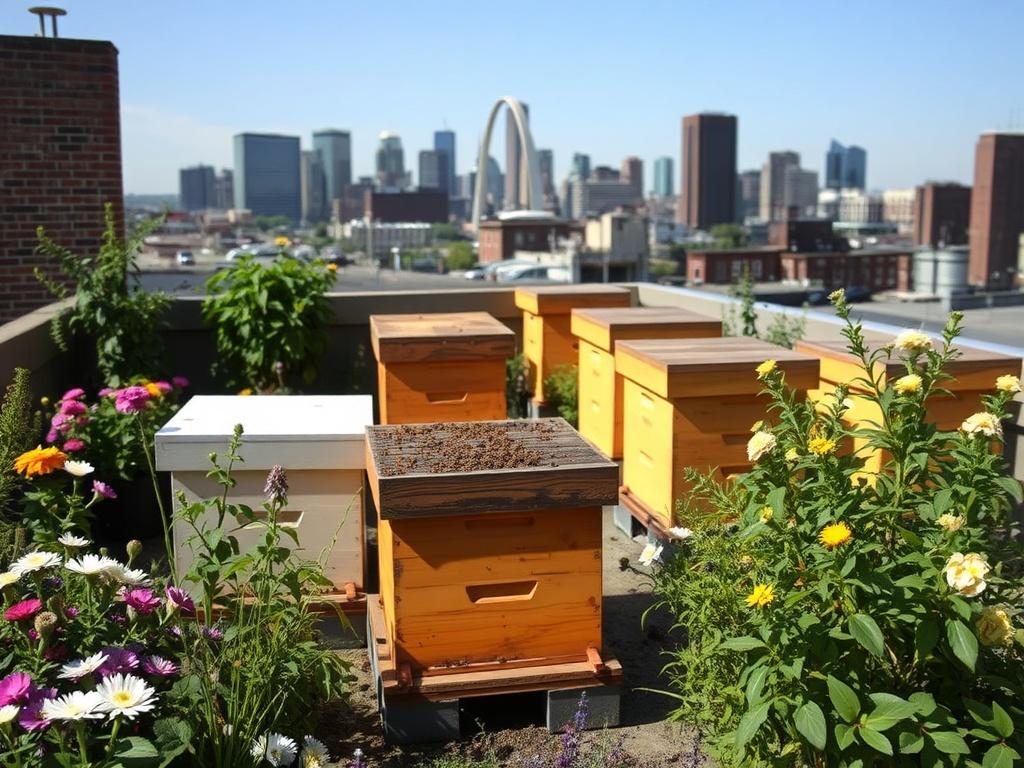 A realistic high resolution of a vibrant city rooftop apiary