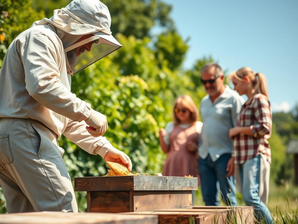 A close up view of a beekeeper assisting a family