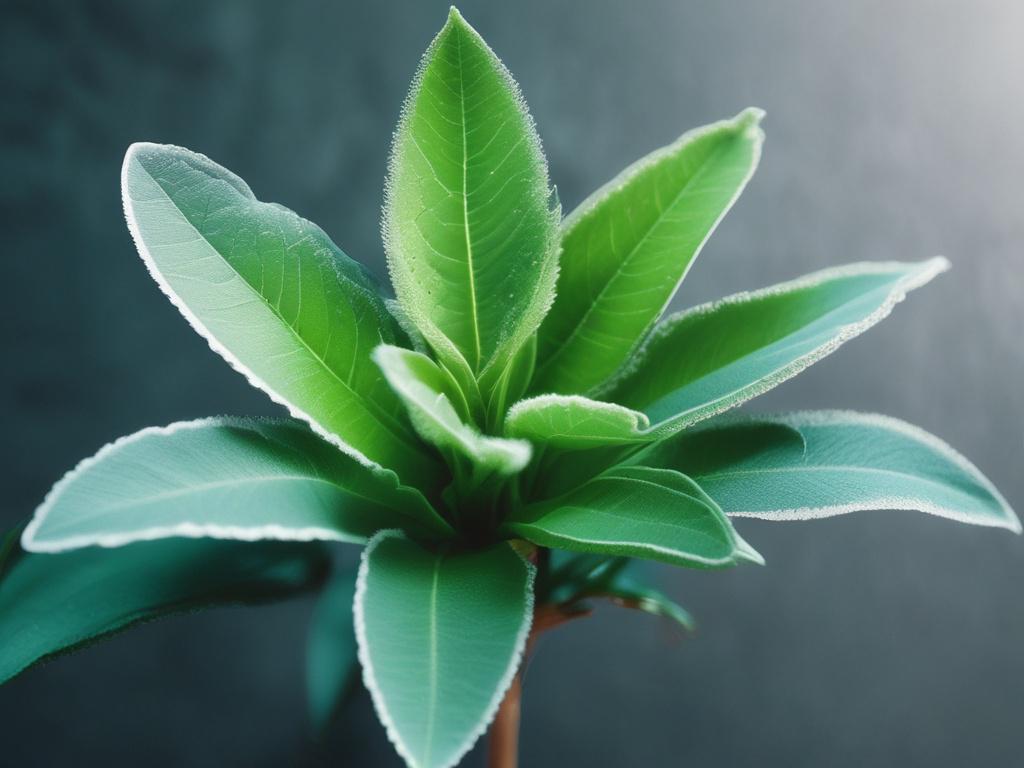 A realistic high-resolution photo of a vibrant green plant with visible signs of disease, such as yellowing leaves and spots. The background should be a soft gray, creating a contrast that highlights the plant's details. The image should be well-lit to showcase the texture of the leaves, with a cool-toned environment featuring shades of rich blues and soft grays.