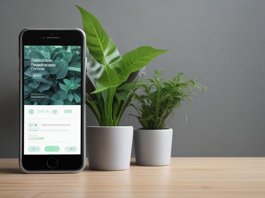Create a realistic high-resolution photo of a smartphone displaying the PlantiD app interface. The screen should show a vibrant green plant being identified, with the app providing detailed information about the plant. The background should be a cool-toned environment featuring shades of rich blues and soft grays, creating a calm and inviting atmosphere. Ensure the lighting highlights the smartphone and app interface clearly, while maintaining a simple and clear composition.